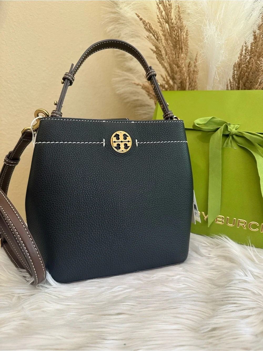 Tory Burch Black Leather Bucket Shoulder Bag with Gold Logo